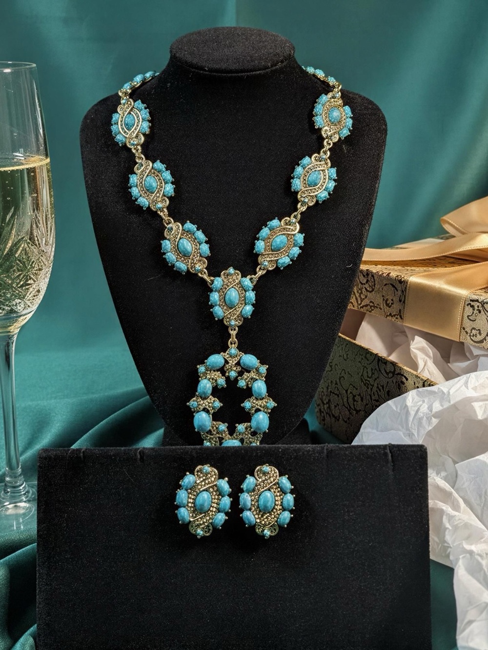 ON SALE GOING FAST! Jewelry Turquoise and Gold Necklace with Matching Earring